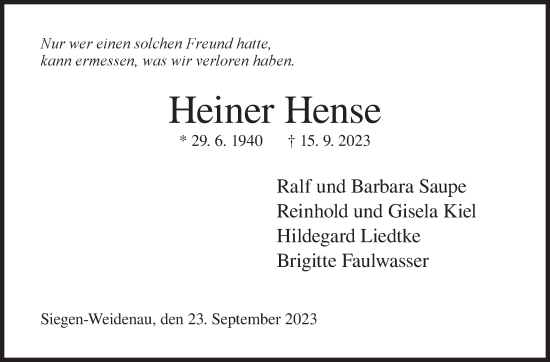 Traueranzeige von Heiner Hense von Siegener Zeitung