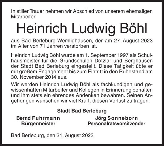 Traueranzeige von Heinrich Ludwig Böhl von Siegener Zeitung
