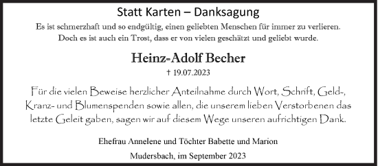 Traueranzeige von Heinz-Adolf Becher von Siegener Zeitung