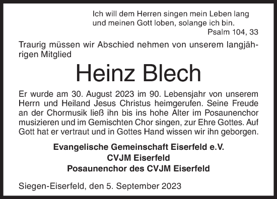 Traueranzeige von Heinz Blech von Siegener Zeitung