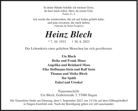 Traueranzeige von Heinz Blech von Siegener Zeitung