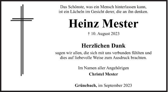 Traueranzeige von Heinz Mester von Siegener Zeitung
