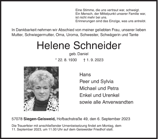 Traueranzeige von Helene Schneider von Siegener Zeitung