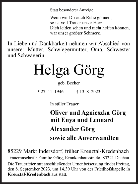 Traueranzeige von Helga Görg von Siegener Zeitung