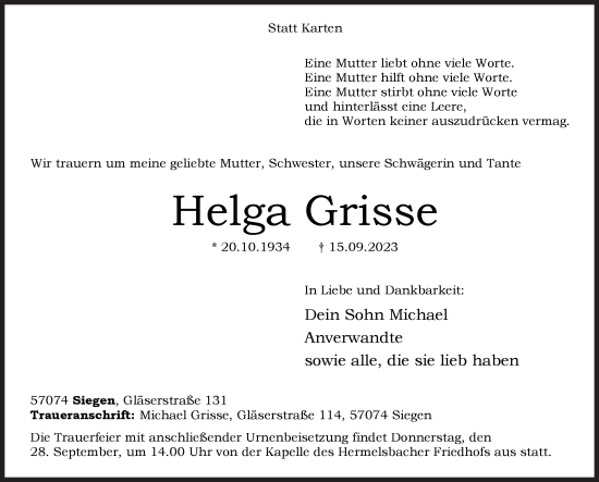 Traueranzeige von Helga Grisse von Siegener Zeitung