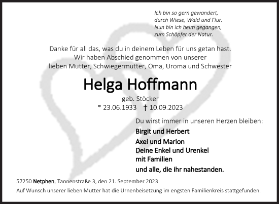 Traueranzeige von Helga Hoffmann von Siegener Zeitung