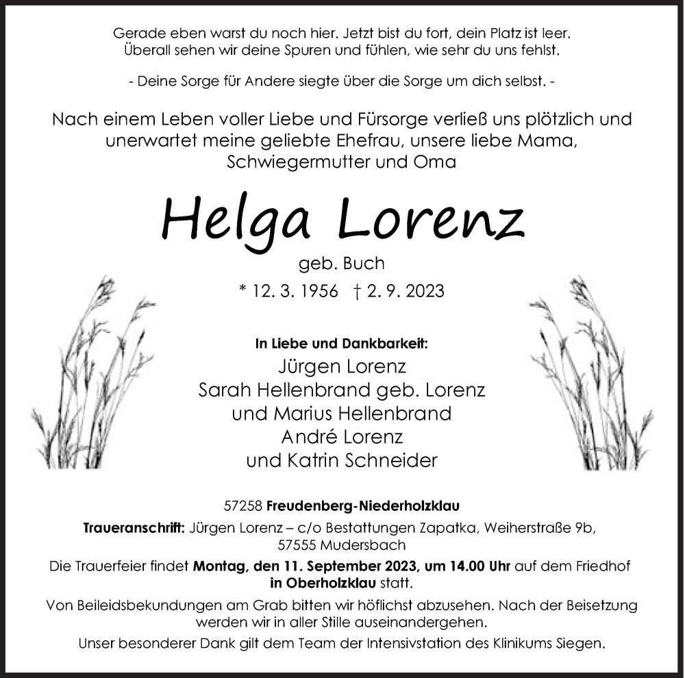  Traueranzeige für Helga Lorenz vom 07.09.2023 aus Siegener Zeitung