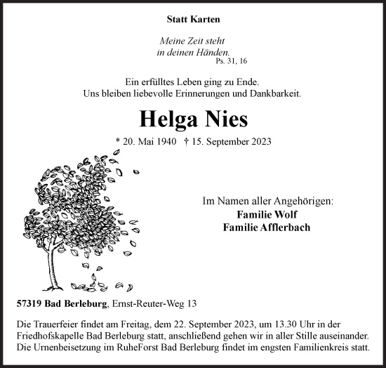 Traueranzeige von Helga Nies von Siegener Zeitung