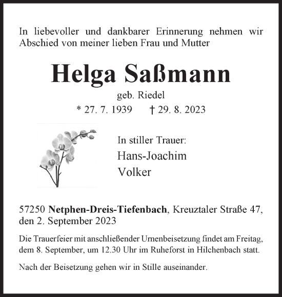 Traueranzeige von Helga Saßmann von Siegener Zeitung