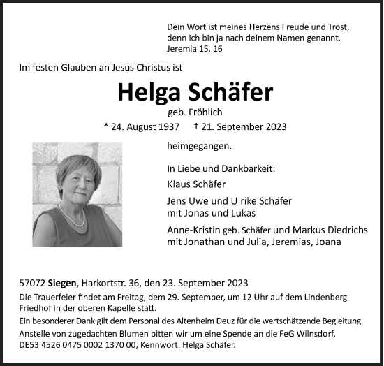 Traueranzeige von Helga Schäfer von Siegener Zeitung