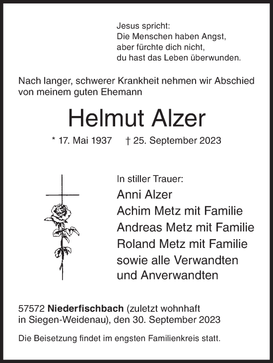 Traueranzeige von Helmut Alzer von Siegener Zeitung