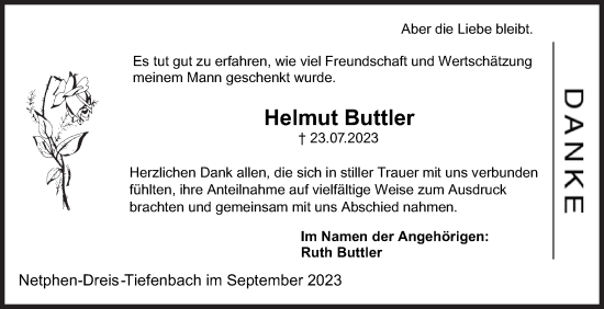 Traueranzeige von Helmut Buttler von Siegener Zeitung