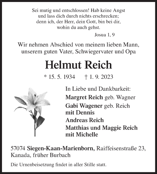 Traueranzeige von Helmut Reich von Siegener Zeitung
