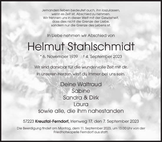 Traueranzeige von Helmut Stahlschmidt von Siegener Zeitung
