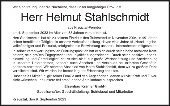 Traueranzeige von Helmut Stahlschmidt von Siegener Zeitung