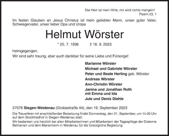 Traueranzeige von Helmut Wörster von Siegener Zeitung