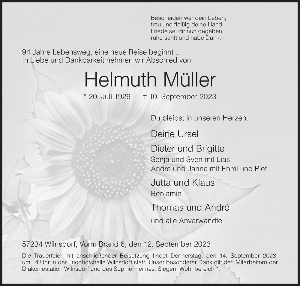  Traueranzeige für Helmuth Müller vom 12.09.2023 aus Siegener Zeitung