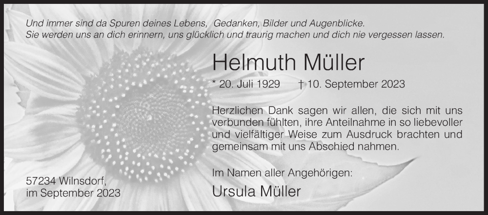  Traueranzeige für Helmuth Müller vom 30.09.2023 aus Siegener Zeitung