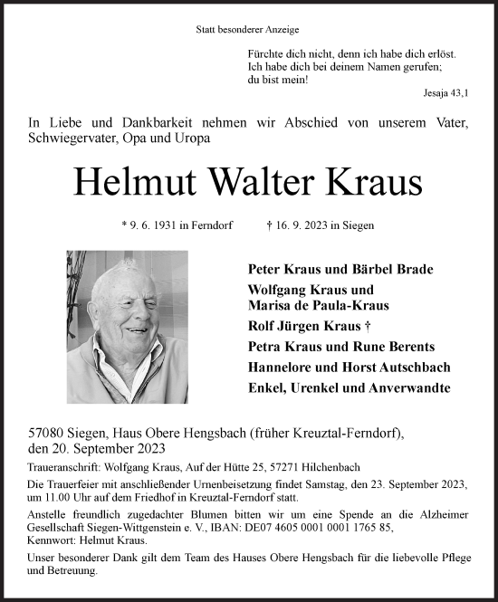 Traueranzeige von Helmut Walter Kraus von Siegener Zeitung