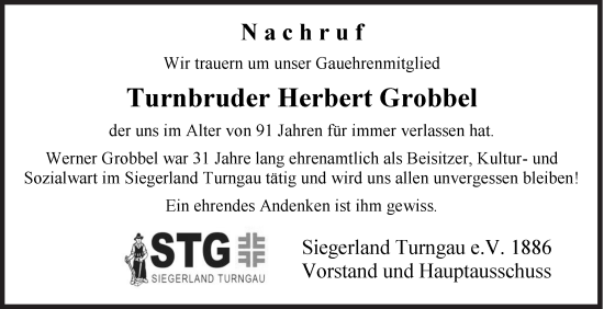 Traueranzeige von Herbert Grobbel von Siegener Zeitung