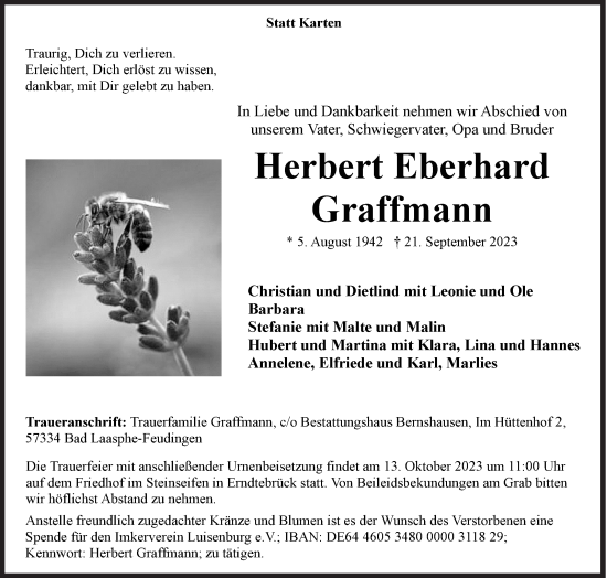 Traueranzeige von Herbert Eberhard Graffmann von Siegener Zeitung