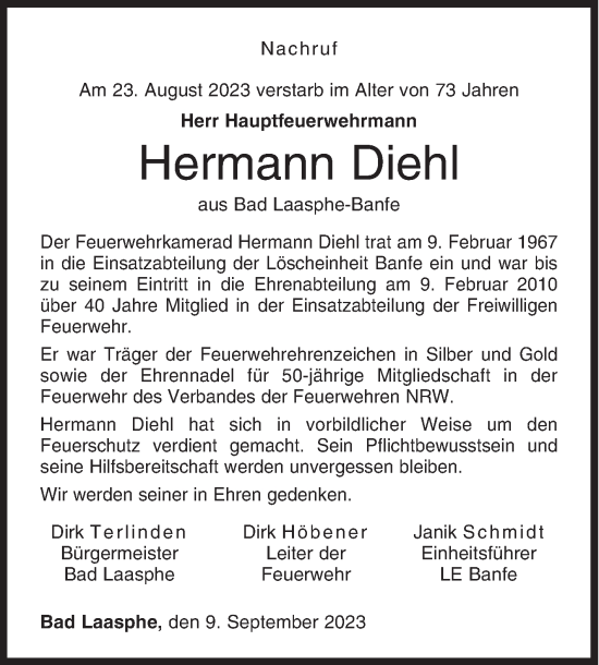 Traueranzeige von Hermann Diehl von Siegener Zeitung