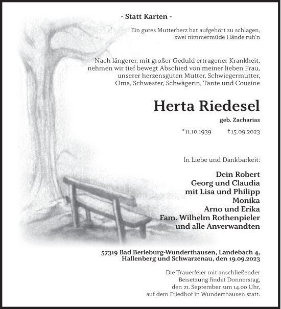 Traueranzeige von Herta Riedesel von Siegener Zeitung