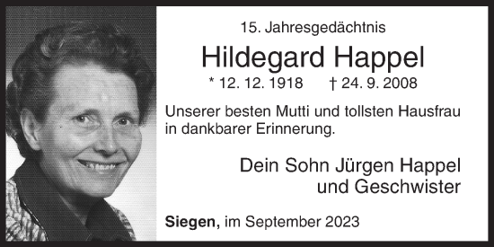 Traueranzeige von Hildegard Happel von Siegener Zeitung