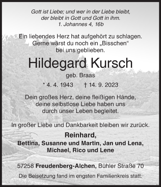 Traueranzeige von Hildegard Kursch von Siegener Zeitung