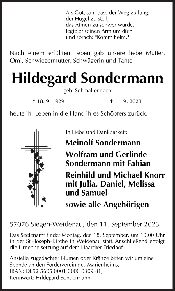  Traueranzeige für Hildegard Sondermann vom 14.09.2023 aus Siegener Zeitung