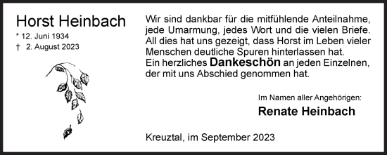 Traueranzeige von Horst Heinbach von Siegener Zeitung