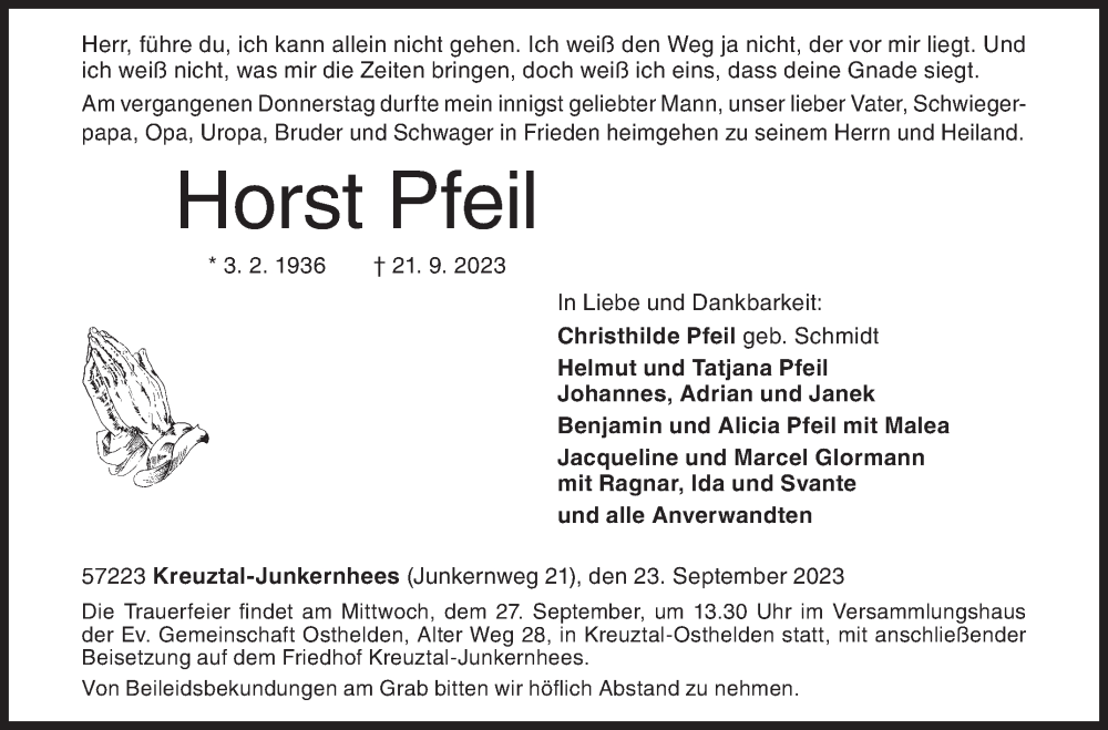  Traueranzeige für Horst Pfeil vom 23.09.2023 aus Siegener Zeitung