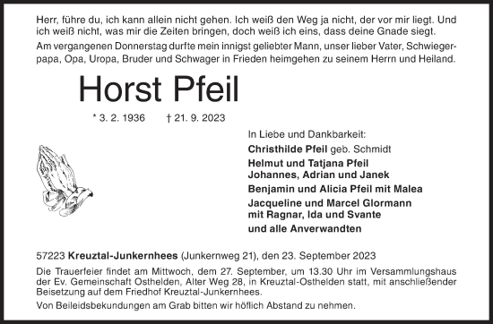 Traueranzeige von Horst Pfeil von Siegener Zeitung