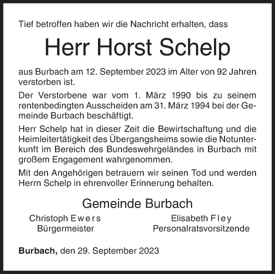 Traueranzeige von Horst Schelp von Siegener Zeitung