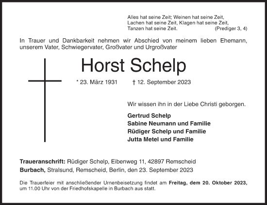 Traueranzeige von Horst Schelp von Siegener Zeitung