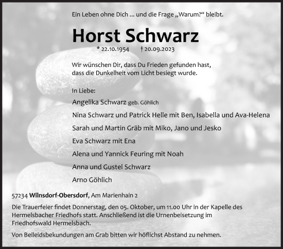 Traueranzeige von Horst Schwarz von Siegener Zeitung