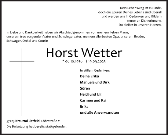 Traueranzeige von Horst Wetter von Siegener Zeitung