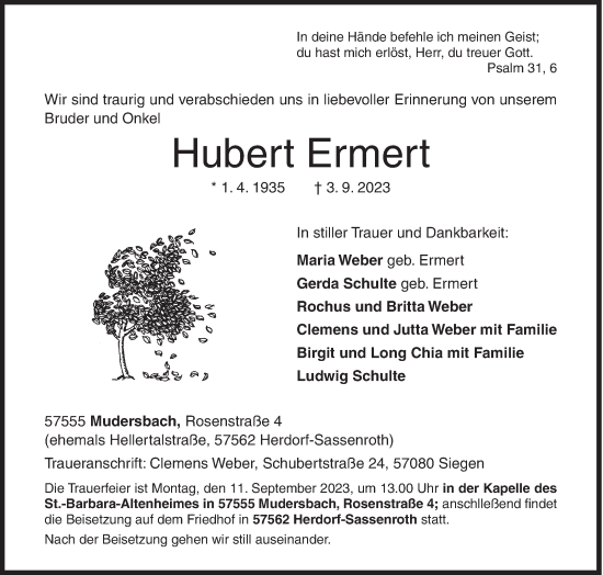 Traueranzeige von Hubert Ermert von Siegener Zeitung
