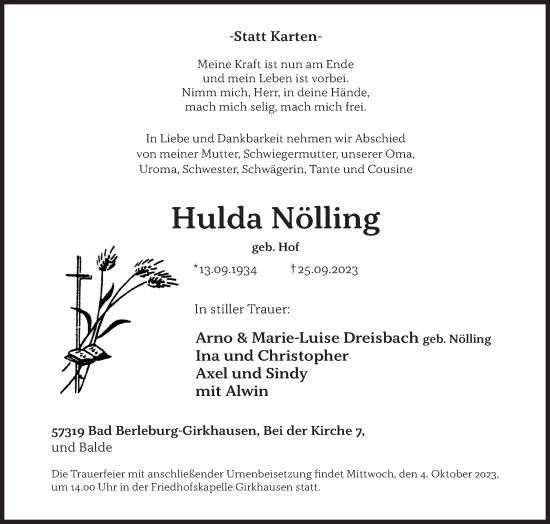 Traueranzeige von Hulda Nölling von Siegener Zeitung