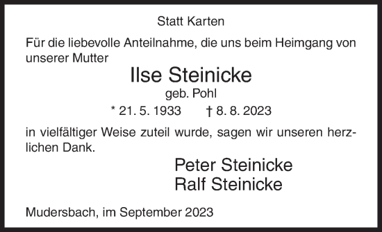 Traueranzeige von Ilse Steinicke von Siegener Zeitung