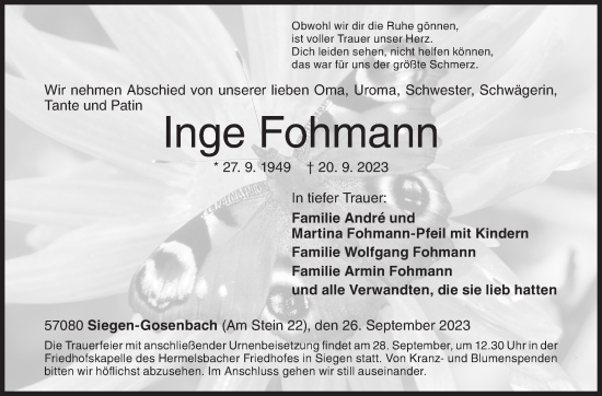 Traueranzeige von Inge Fohmann von Siegener Zeitung