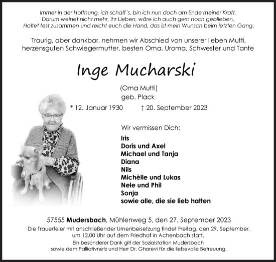Traueranzeige von Inge Mucharski von Siegener Zeitung