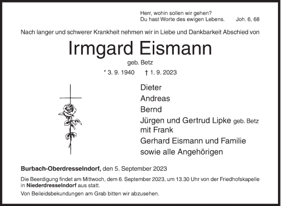 Traueranzeige von Irmgard Eismann von Siegener Zeitung