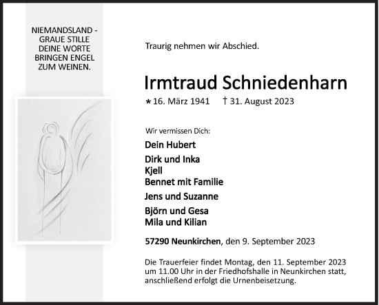 Traueranzeige von Irmtraud Schniedenharn von Siegener Zeitung