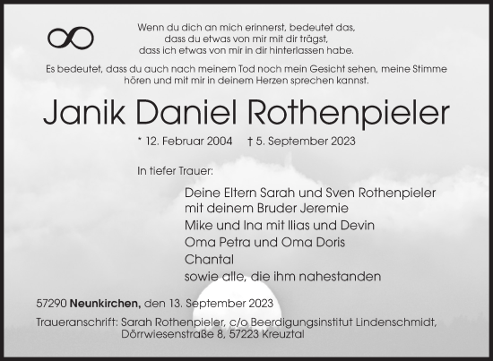 Traueranzeige von Janik Daniel Rothenpieler von Siegener Zeitung
