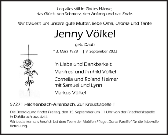Traueranzeige von Jenny Völkel von Siegener Zeitung