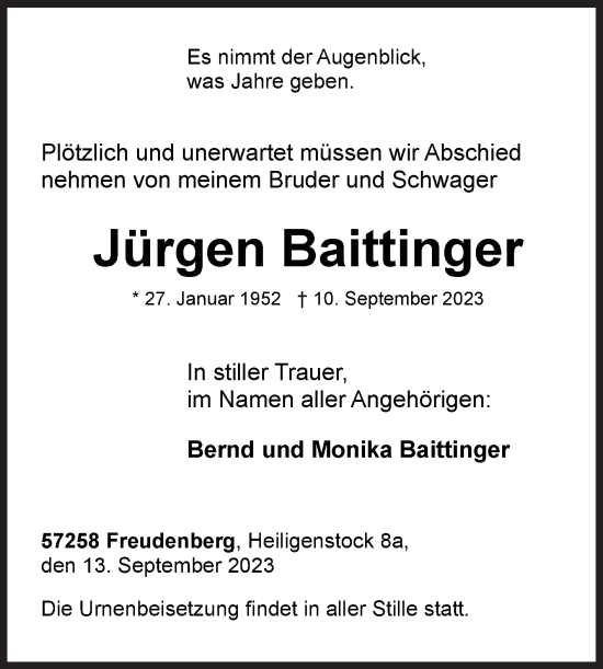 Traueranzeige von Jürgen Baittinger von Siegener Zeitung