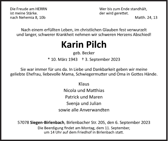 Traueranzeige von Karin Pilch von Siegener Zeitung