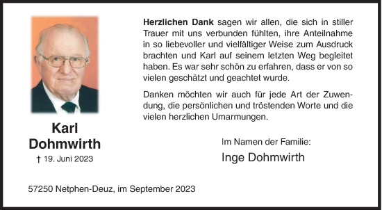 Traueranzeige von Karl Dohmwirth von Siegener Zeitung