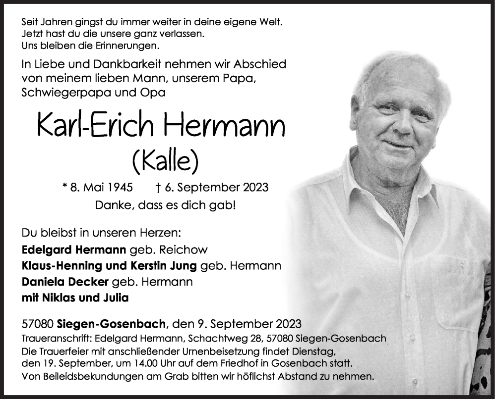  Traueranzeige für Karl-Erich Hermann vom 09.09.2023 aus Siegener Zeitung